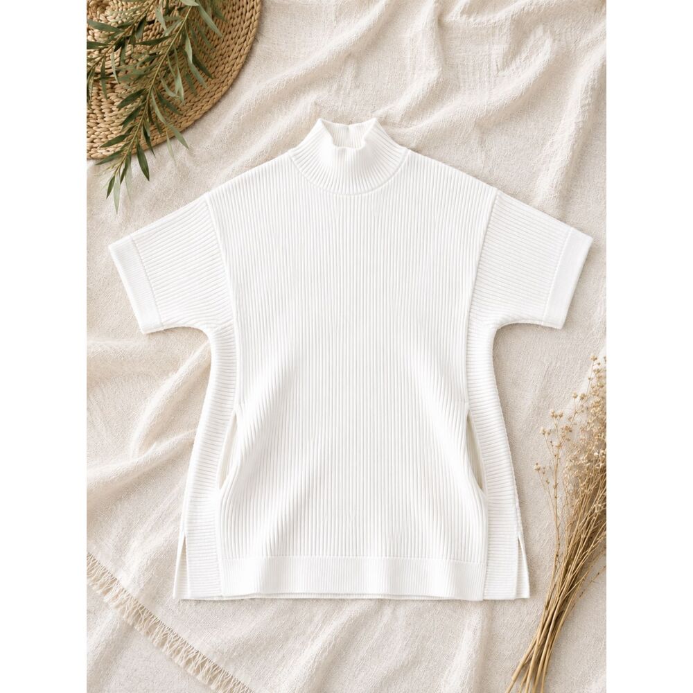 Haven Well Within Women M Organic Cotton Ribbed Mock Neck Sweater Pockets White